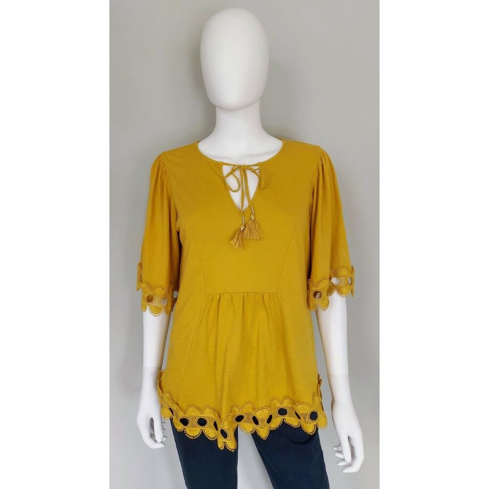 Boden Ayla Top Womens UK 12 US 8 Mustard Short Sleeve V Neck Crochet Tassels - Picture 2 of 11